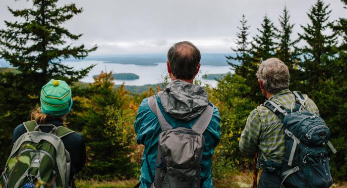 Three people wearing hiking backpacks look over a lake vista