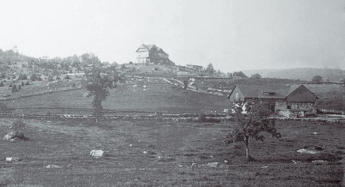 A black and white photo of the Big House at The Rocks.