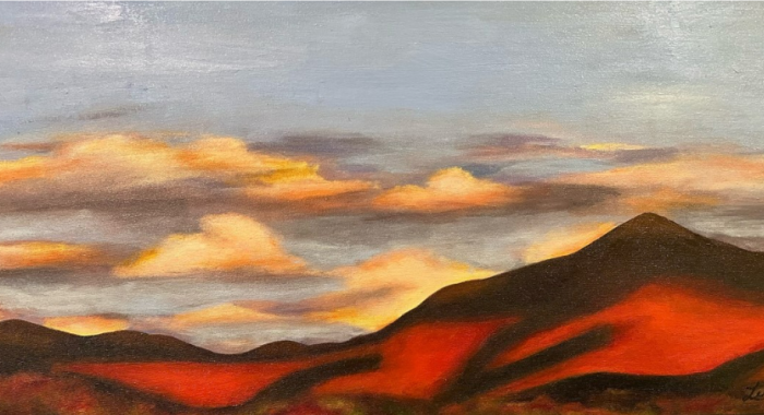 Oil painting of mountains at sunset