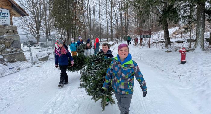 Kids pull their harvested Christmas trees to take home from The Rocks.