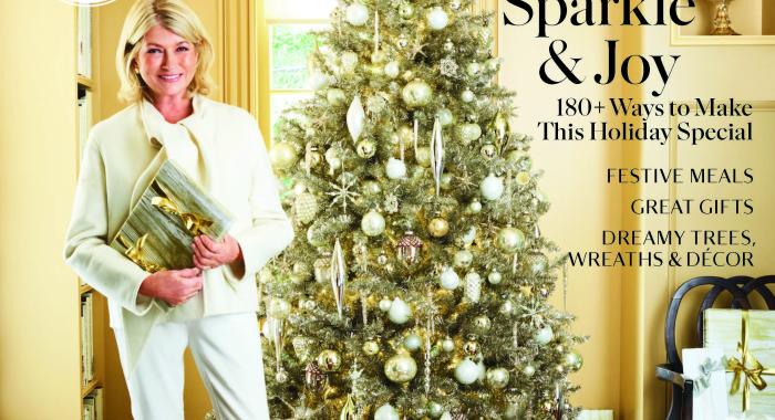 The cover of the December 2020 Martha Stewart Magazine with Martha standing in front of a Christmas tree.