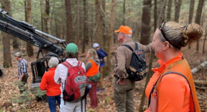 Blaze orange clad group view a logging machine in hemlock forest