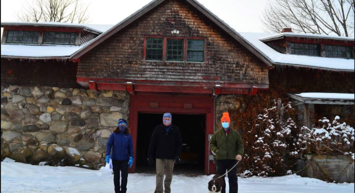 Forest Society staff on a site visit to the Carriage Barn at The Rocks in January 2020.