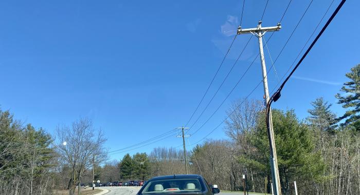 Cars line up on a road with telephone poles near the road.