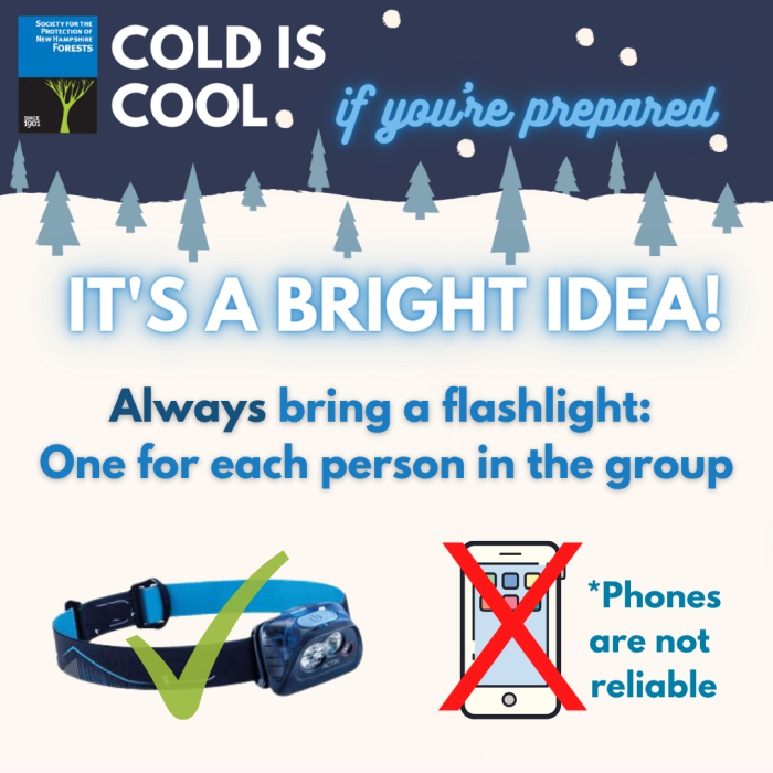 A graphic about bringing headlamps during winter recreation.