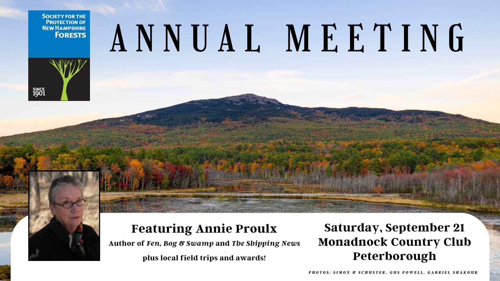 A view of Monadnock in the fall with a photo of Annie Proulx.