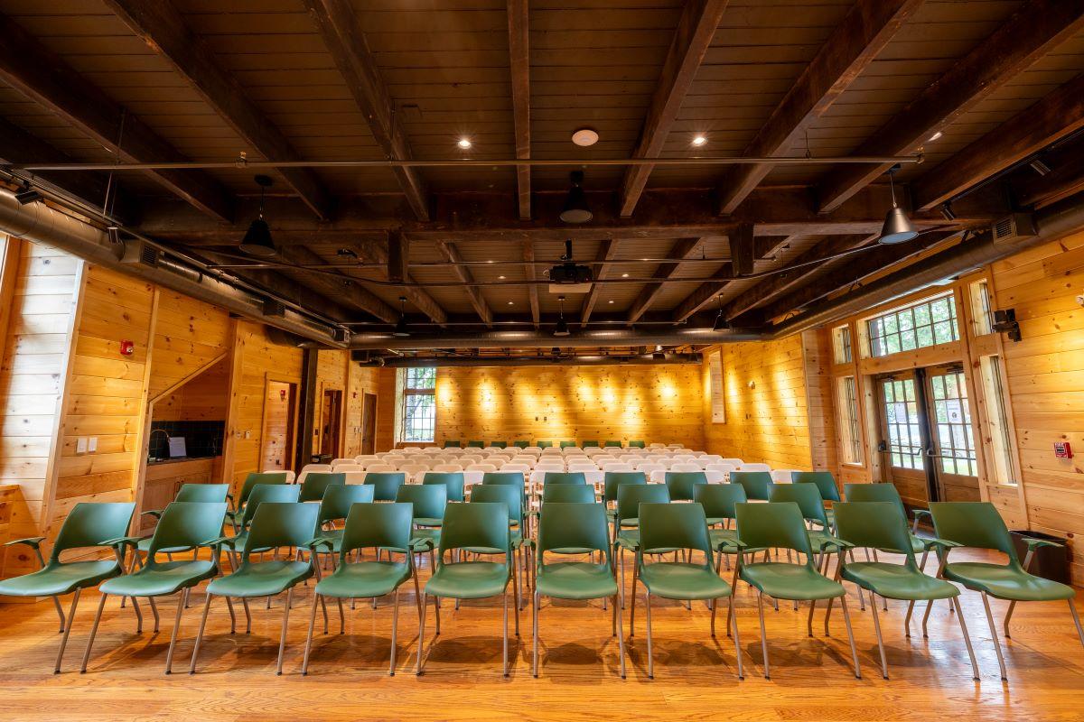 The classroom arranged with chairs.