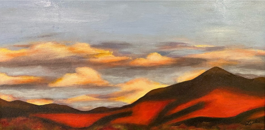 Oil painting of mountains at sunset