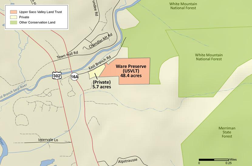 Map depicting conservation land sold by the Forest Society to the Upper Saco Valley Land Trust and private owners