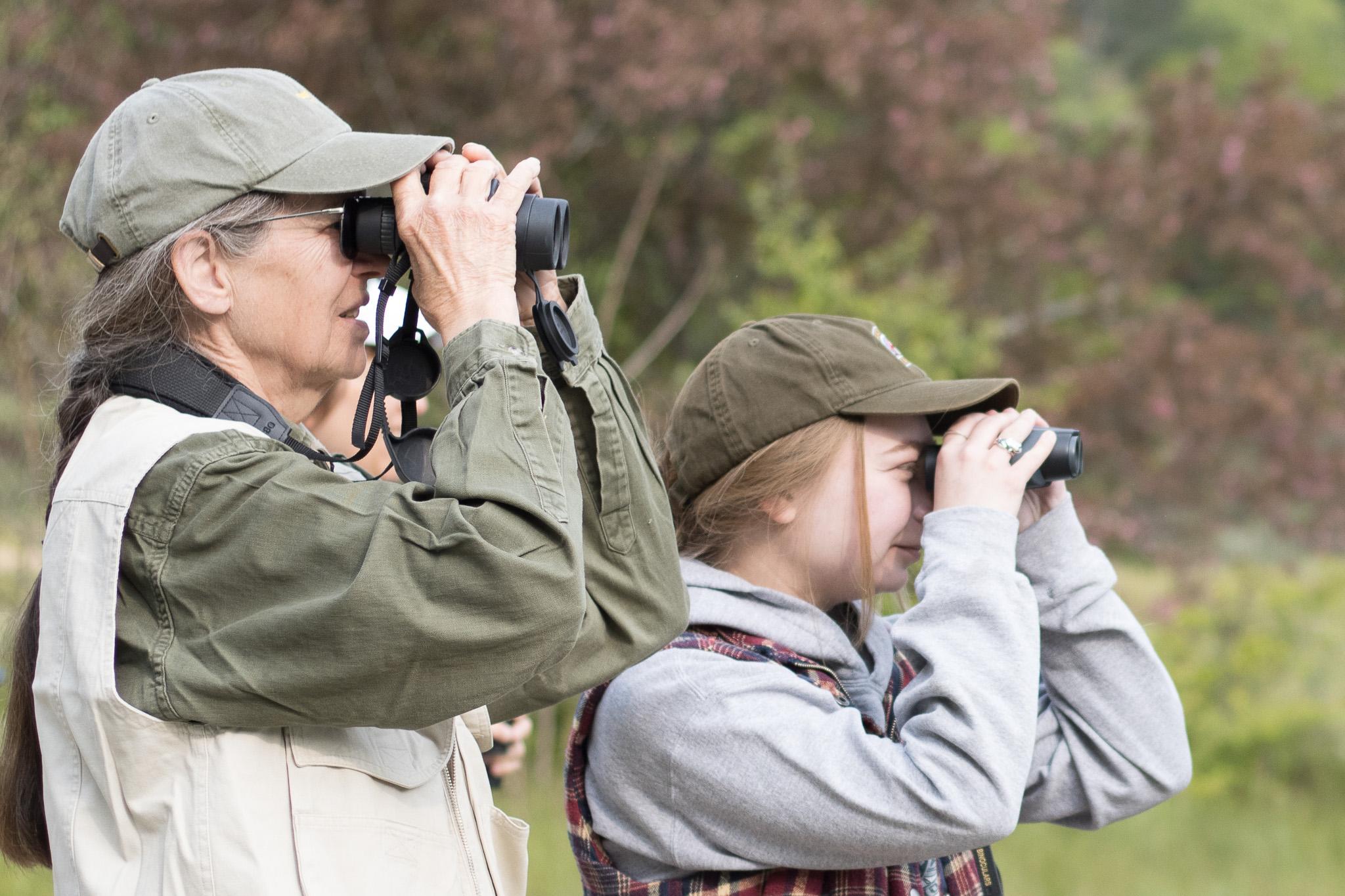 Women in the woods look for birds through binoculars.