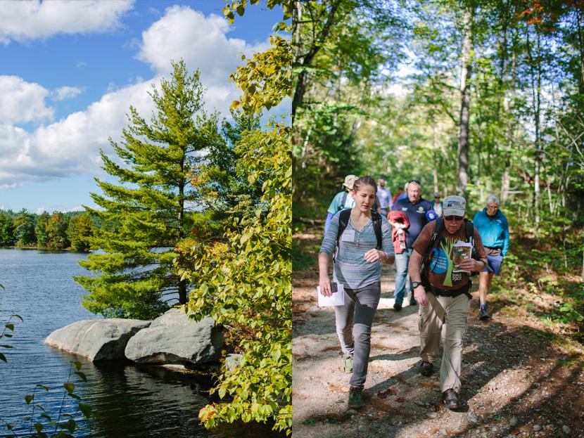 Rocky shore and hikers explore the recreational trails at Tower Hill Pond in Auburn, NH