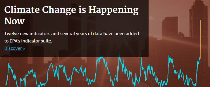 EPA climate change graphic with buildings in back ground, reads "Climate Change is Happening Now"