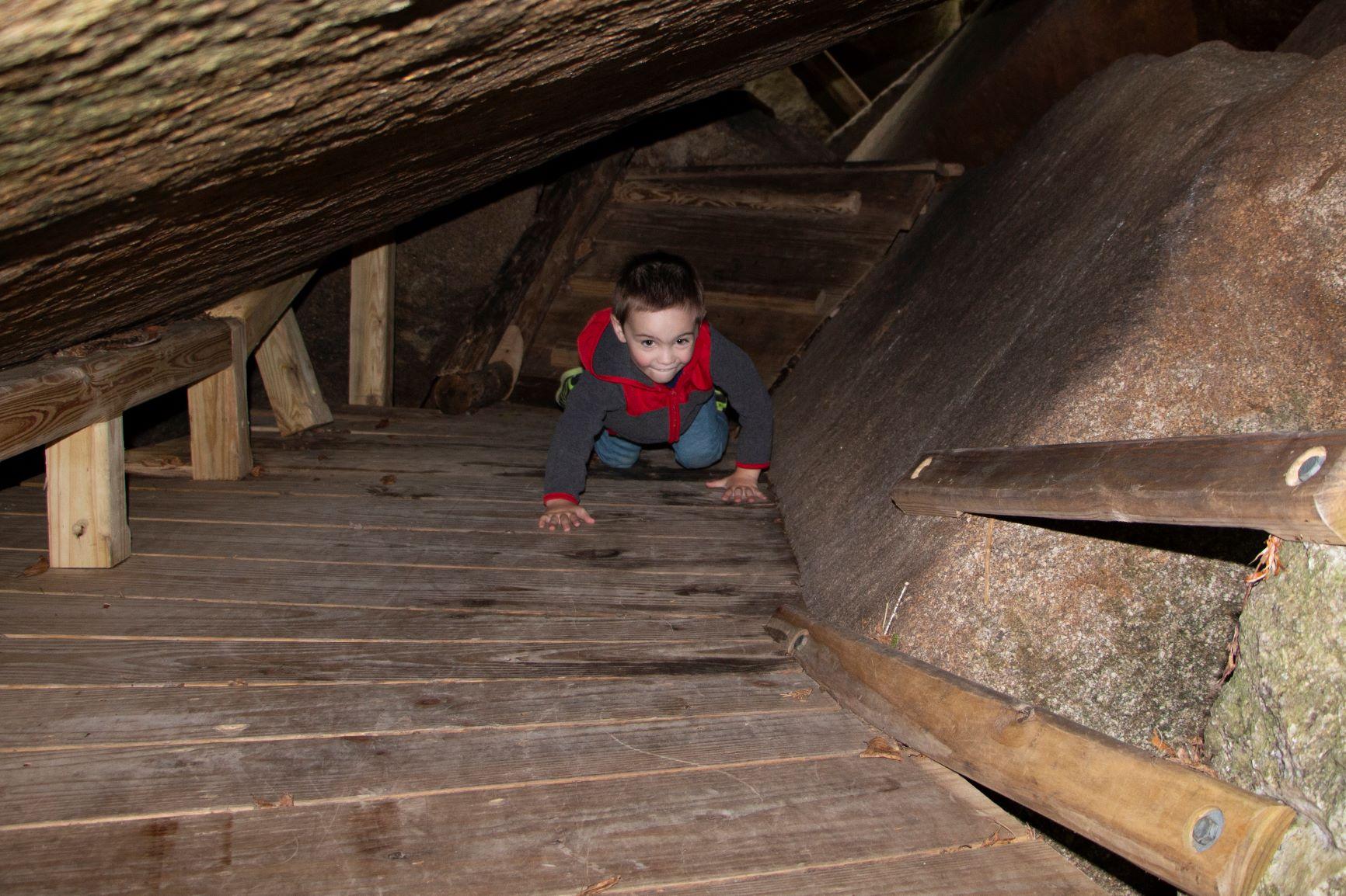 A preschool boy bear crawls through a dark cave.