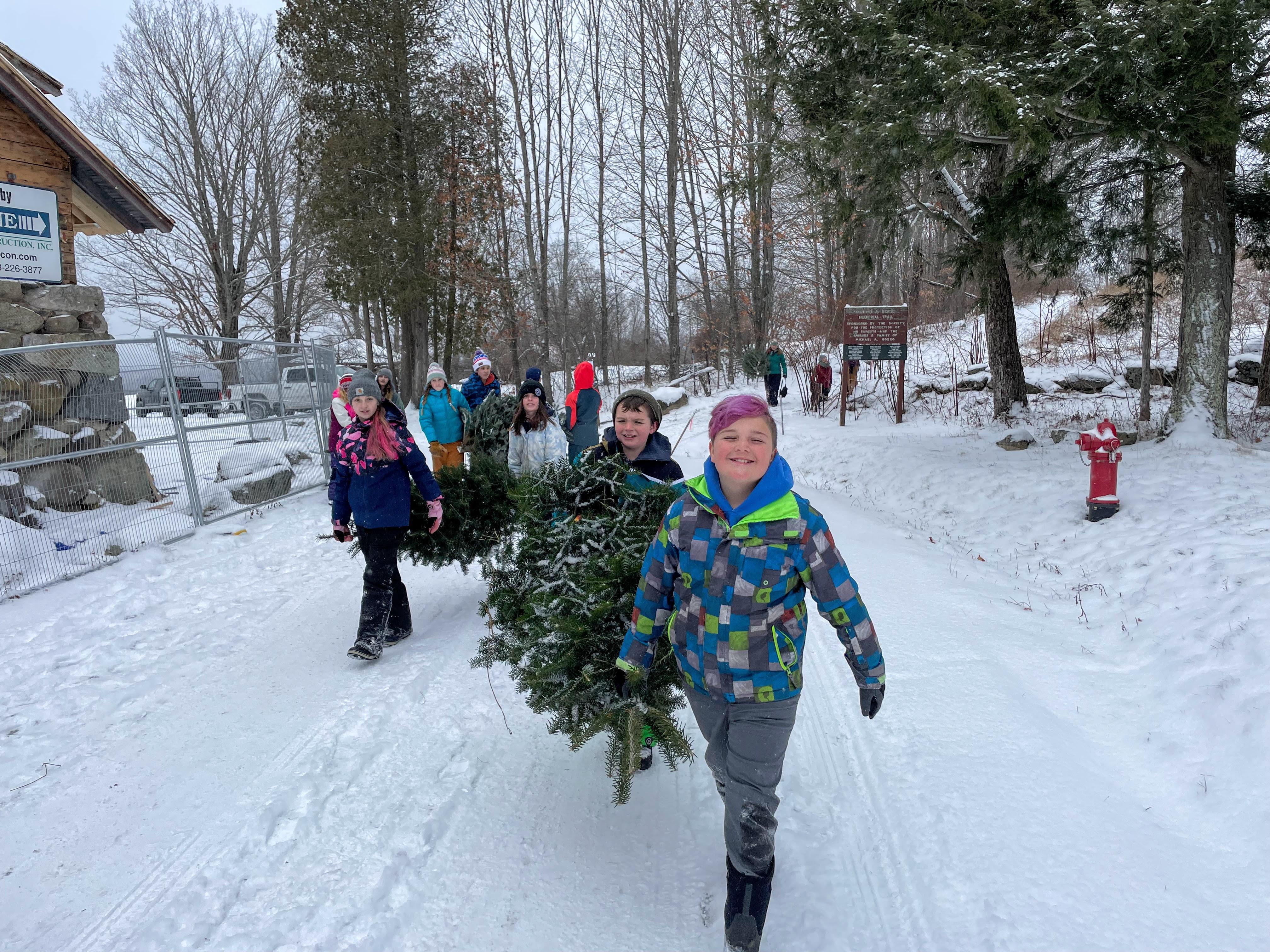 Kids pull their harvested Christmas trees to take home from The Rocks.