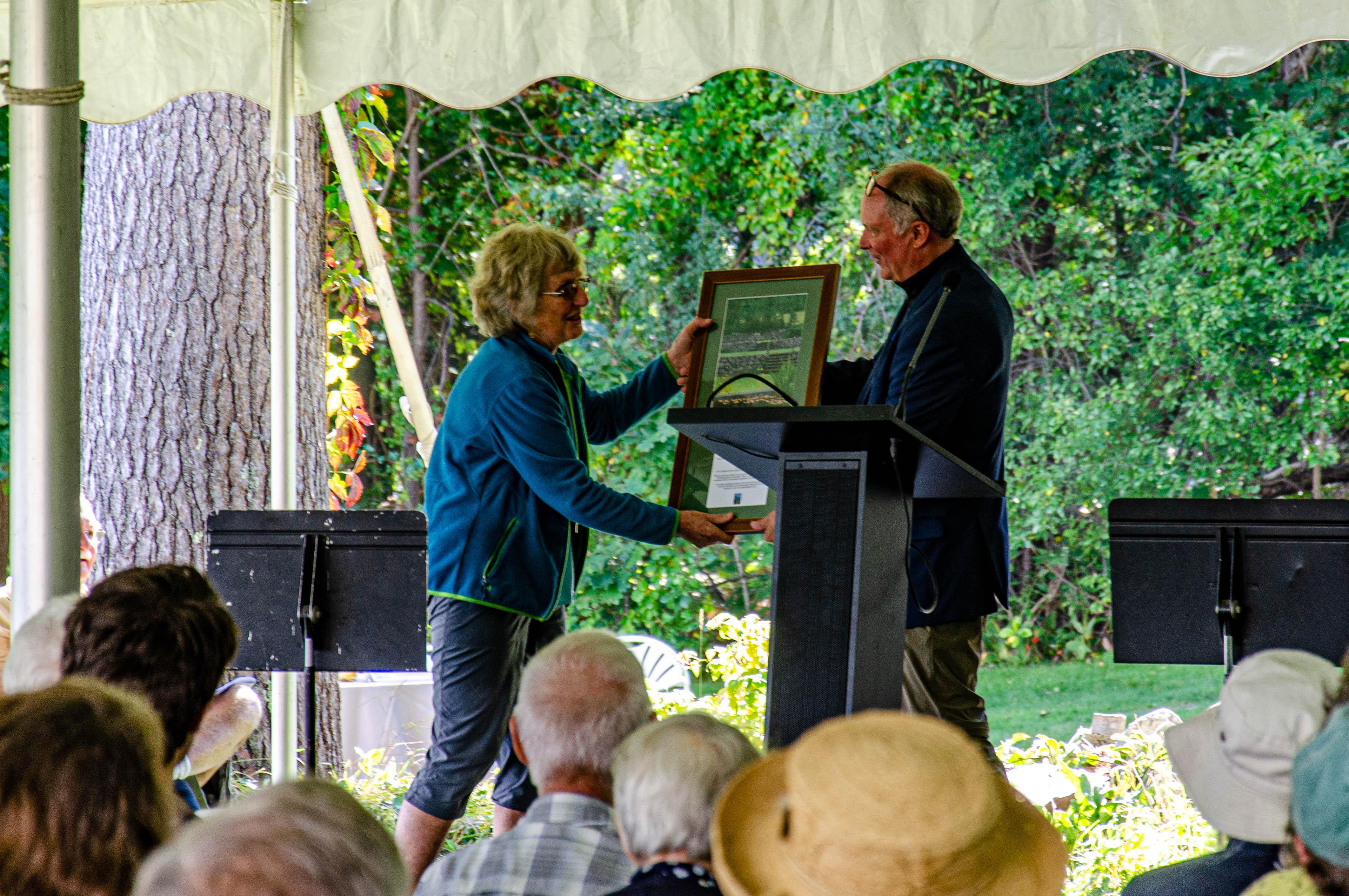 Volunteer of the Year Janet Hill accepts a plaque on stage from President Jack Savage.