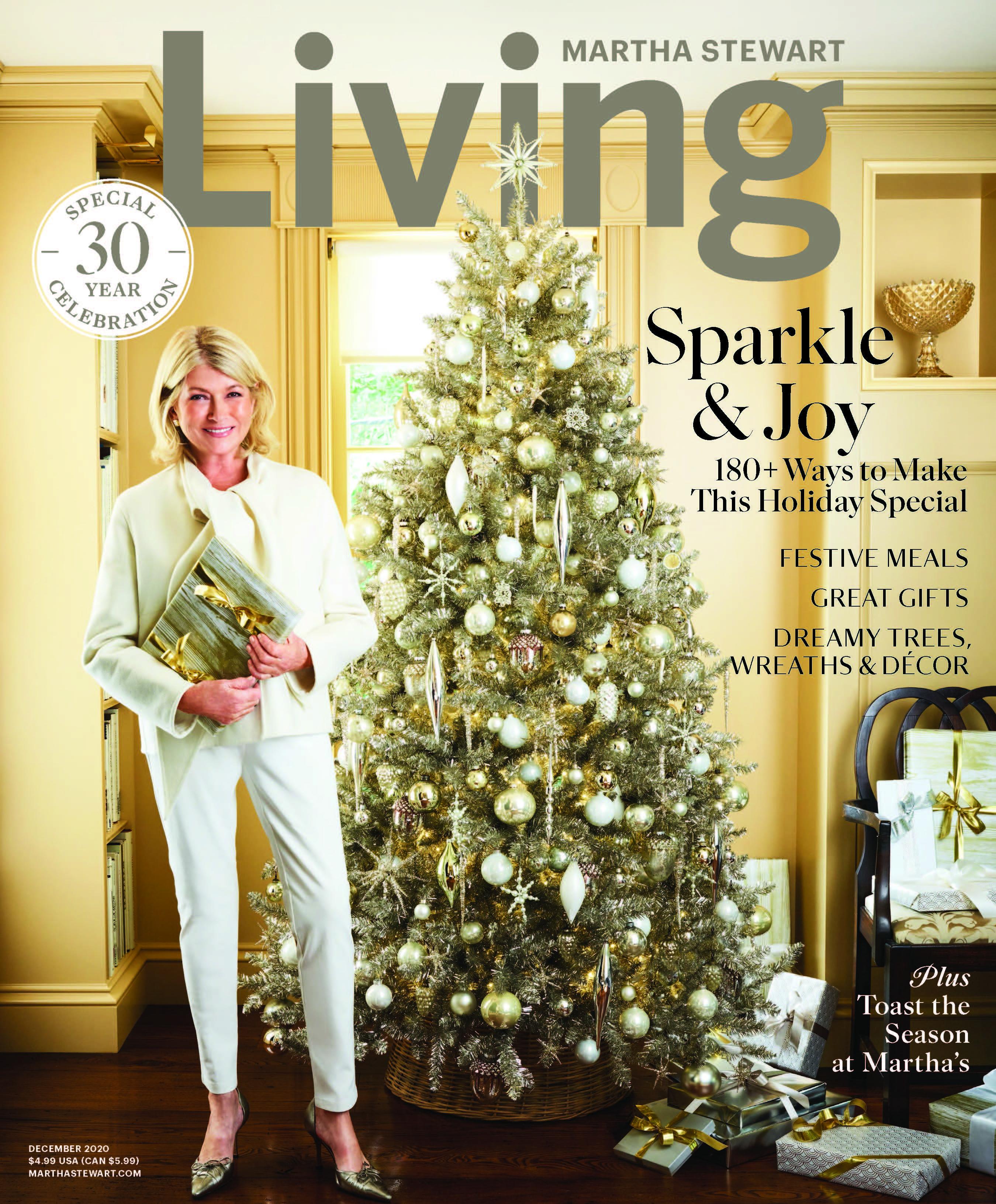 The cover of the December 2020 Martha Stewart Magazine with Martha standing in front of a Christmas tree.