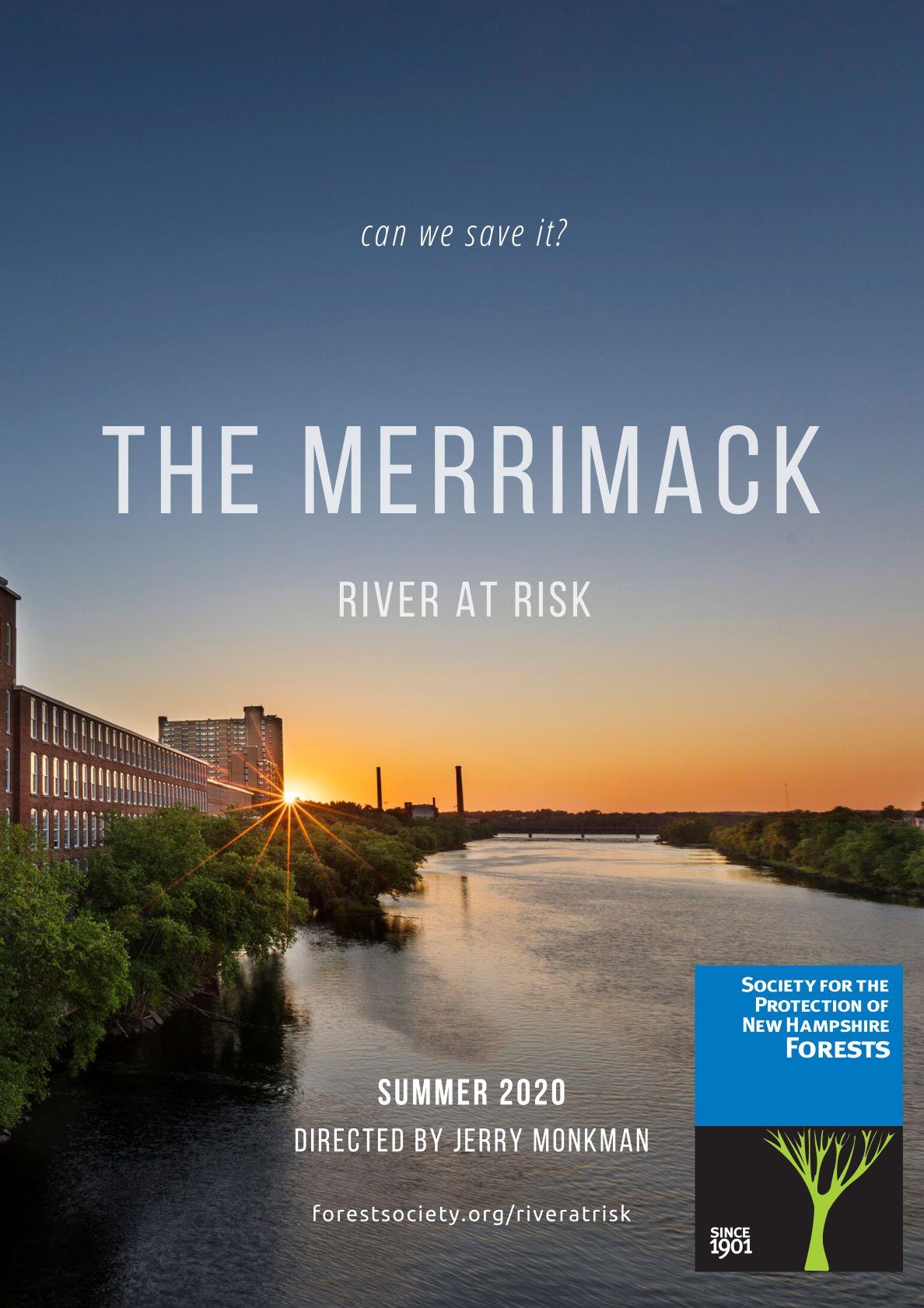 The poster for the movie The Merrimack has a river next to a mill building.