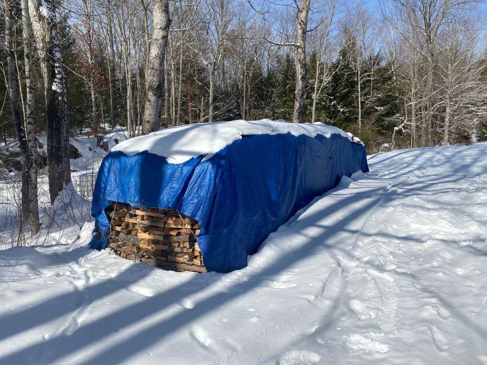 Blue tarp covers cordwood for maple sugaring evaporator