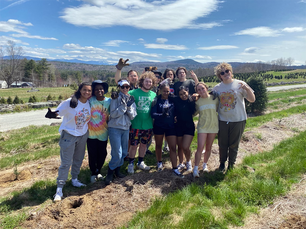 Students from The White Mountain School pose in the Christmas tree fields.