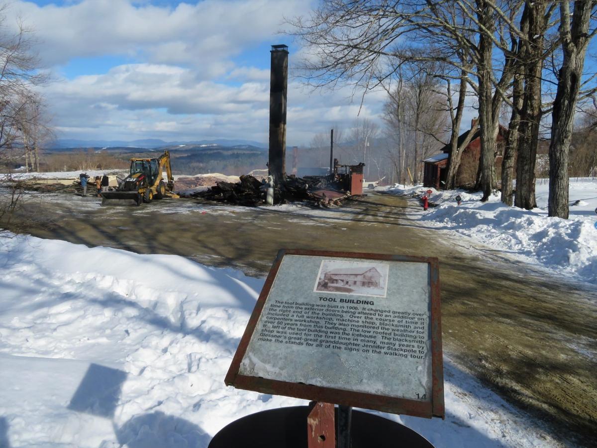   The 115-year-old Tool Building at The Rocks, depicted in this sign at the Bethlehem property owned by the Forest Society, was reduced to rubble, apart from its tall chimney by a fast-moving fire on Feb. 13. 