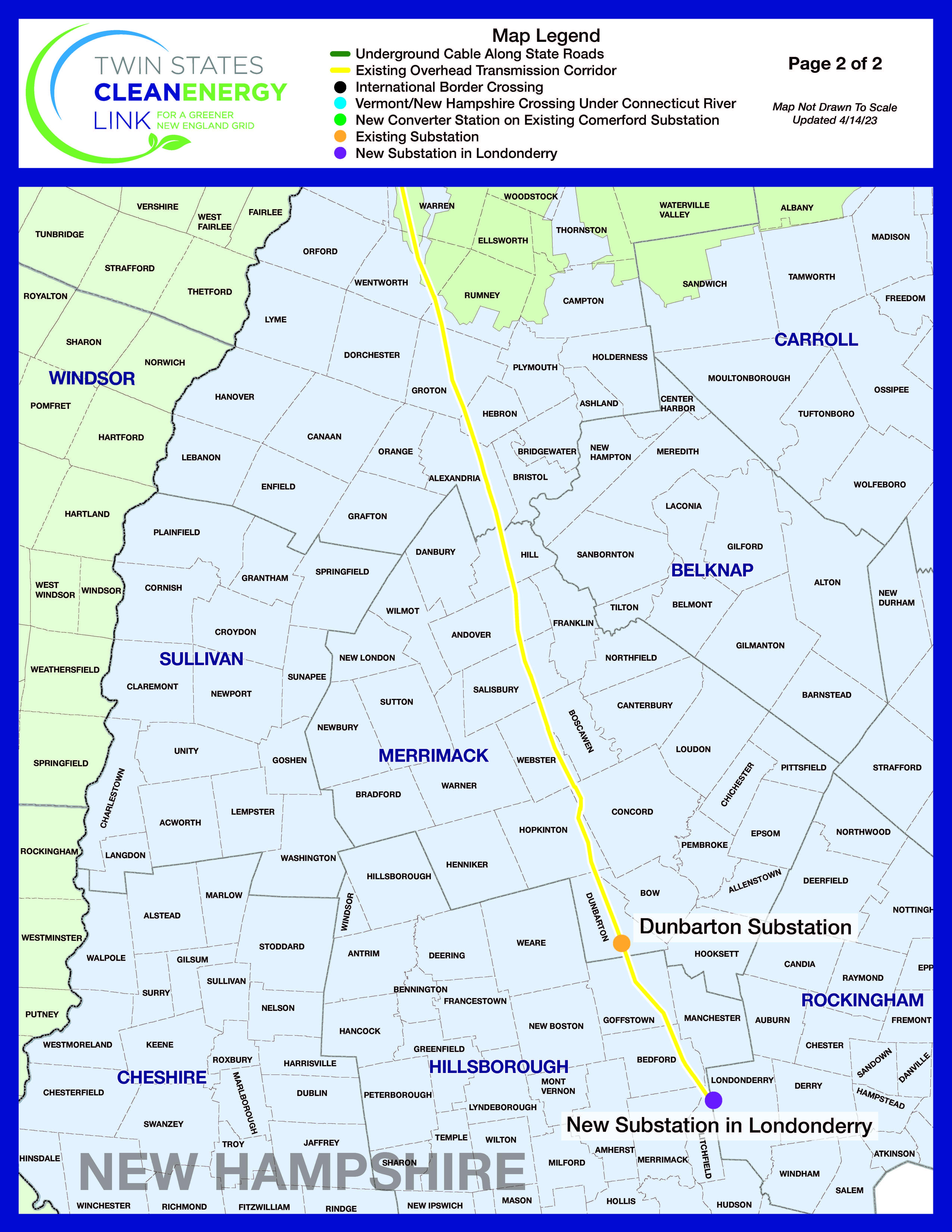 The proposed route of the transmission line from Vermont into New Hampshire.