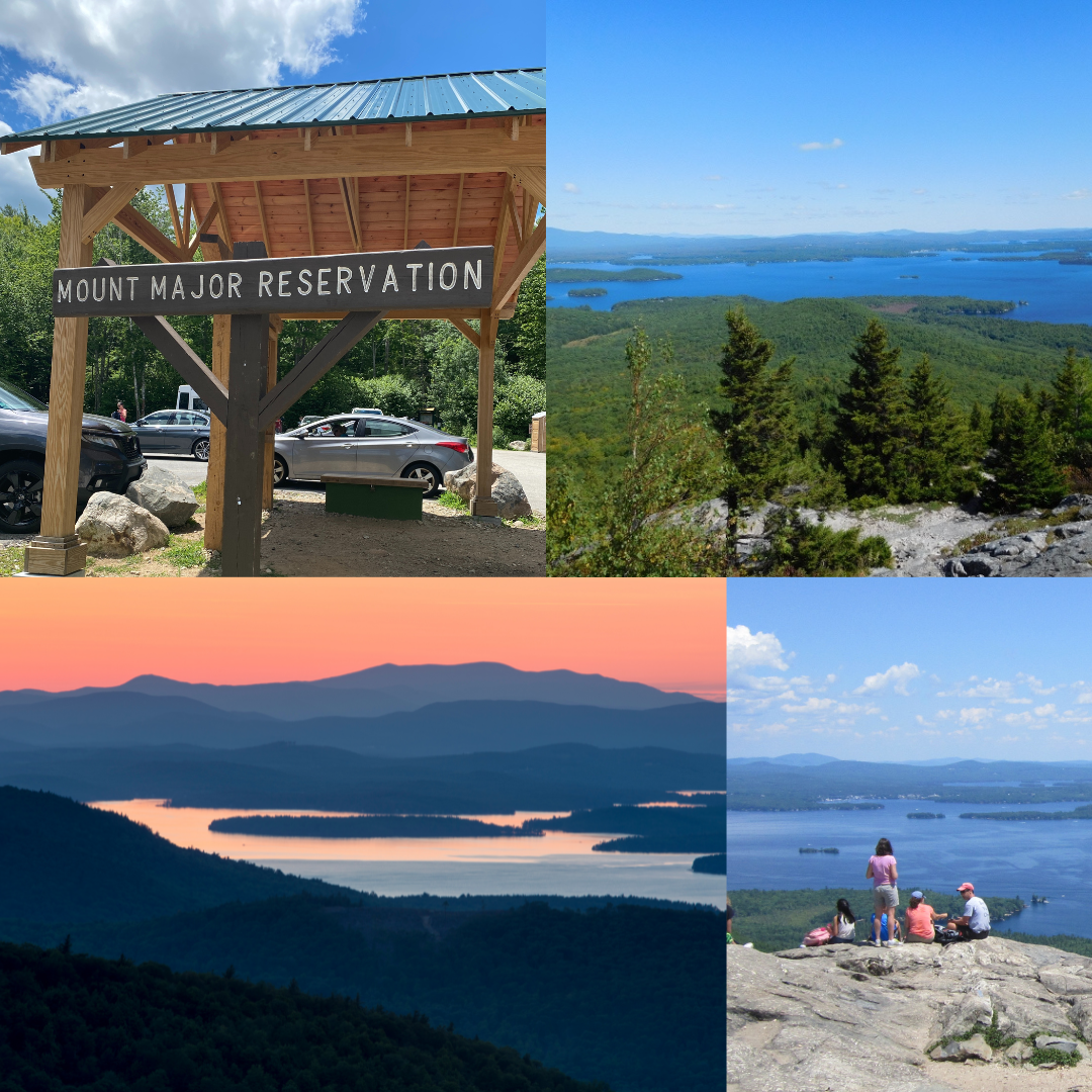 Forest Society property sign for Mount Major next to informational pavilion and parking lot collage with other scenic views of the summit and from the lake of the mountain.