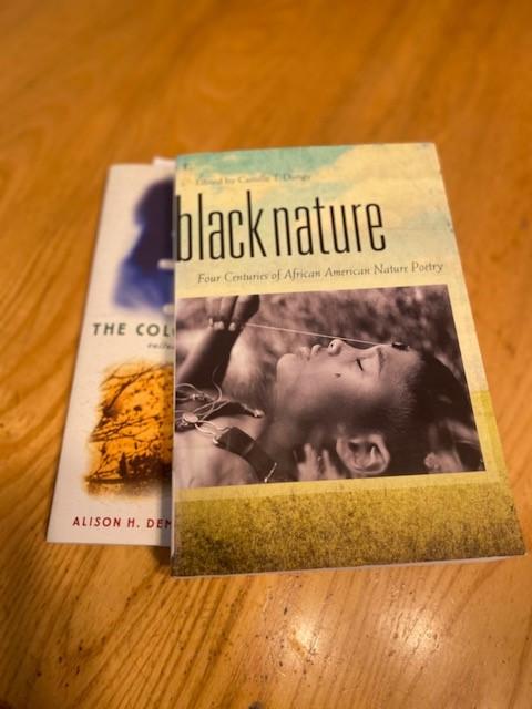 The covers of two books, including "black nature" sit on a table.