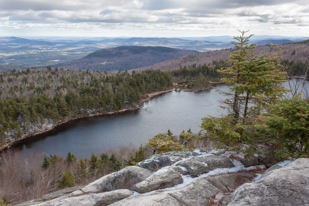 An expansive view of Lake Solitude in winter.