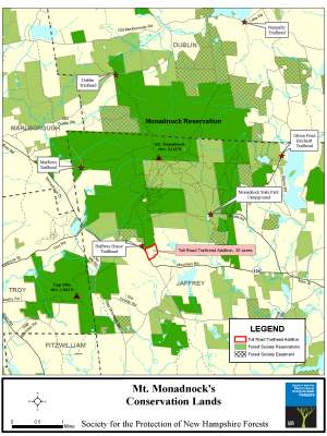 A map showing the conservation land around Monadnock.