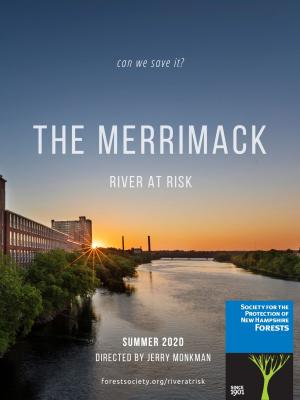 The poster for the movie The Merrimack has a river next to a mill building.