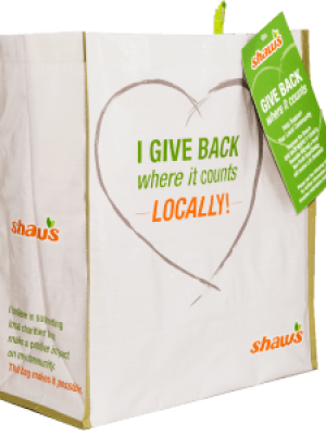 A photo of a Shaw's Give Back bag.
