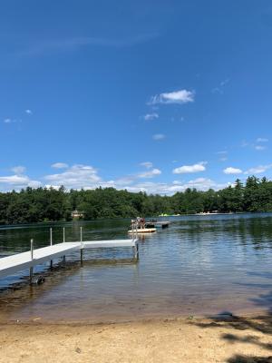 A blue lake on a sunny day surrounded by pine trees with a dock in the water