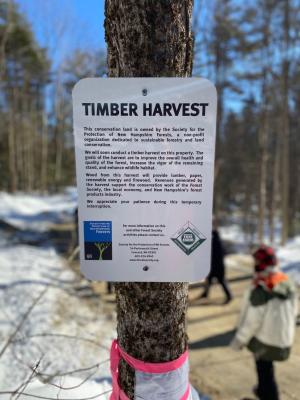 Forest Society logo on timber harvest interpretive sign explaining the activity