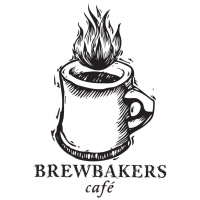 A drawing of a cup of coffee is the logo for Brewbakers Cafe.