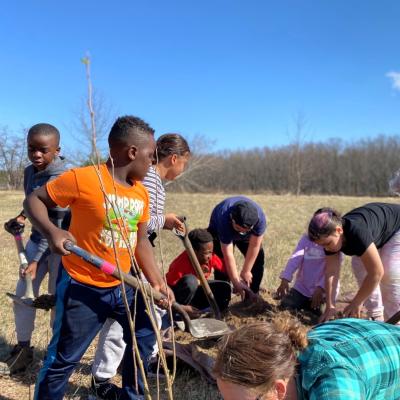 Students at work planting trees