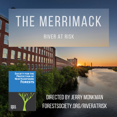 The film poster for The Merrimack: River at Risk shows the river flowing by an old mill building.