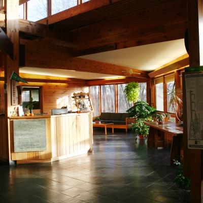 The lobby of the Conservation Center is filled with natural light.