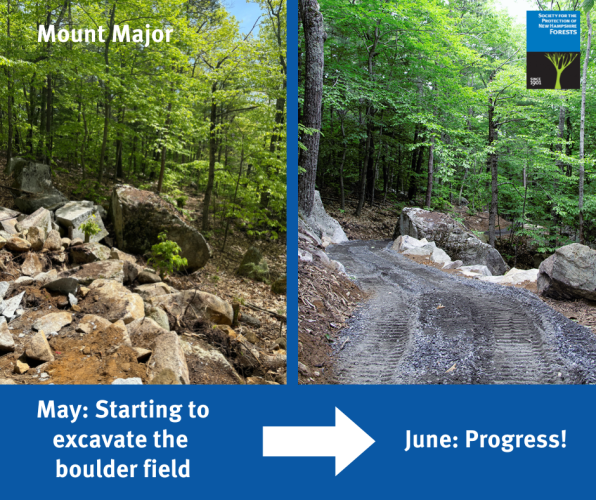 Text says "may: starting to excavate the boulder field" with an after photo of progress.
