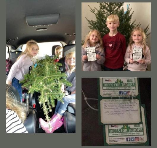 A family photo collage of children with their Trees for Troops tree.