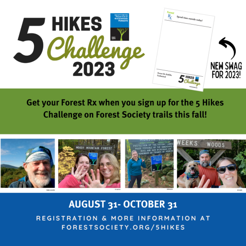 An ad highlighting the 5 Hikes challenge with photos of past participants and a peek at the notebook swag.