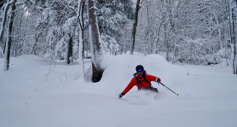 Backcountry skiier gets first tracks in glade called Intervale Dream in the White Mountains
