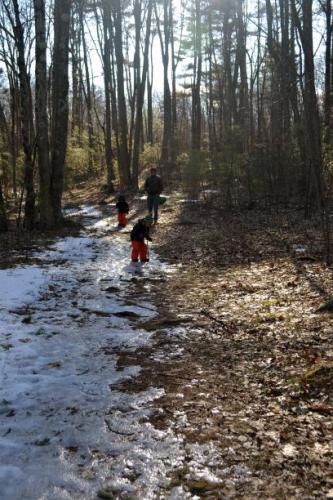two little boys walk an icy trail in the woods with a tall grandfather behind them.