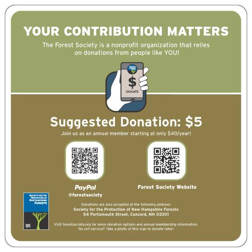 A sign with a QR code suggests a $5 donation to support trail stewardship.