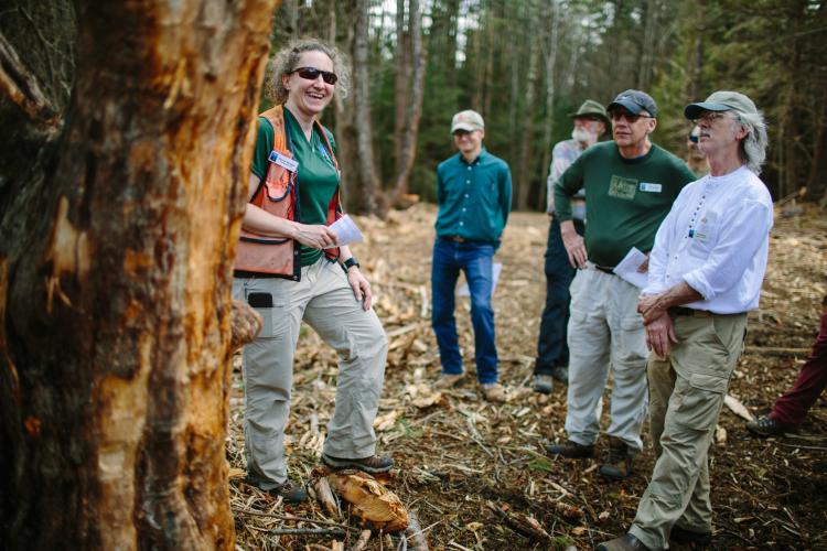 Volunteer land stewards learn about forest ecology from managing forester Wendy Weisiger