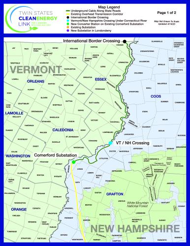 The proposed route of the transmission line from Canada through Vermont to the NH border.