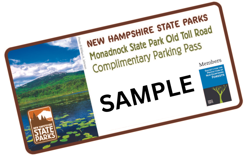 A photo of Mt Monadnock and language about the parking pass.