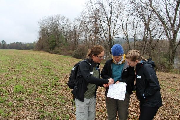 staff and volunteers look at survey in the field