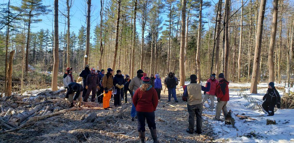 People gather along a winter skid road to learn about timber harvesting