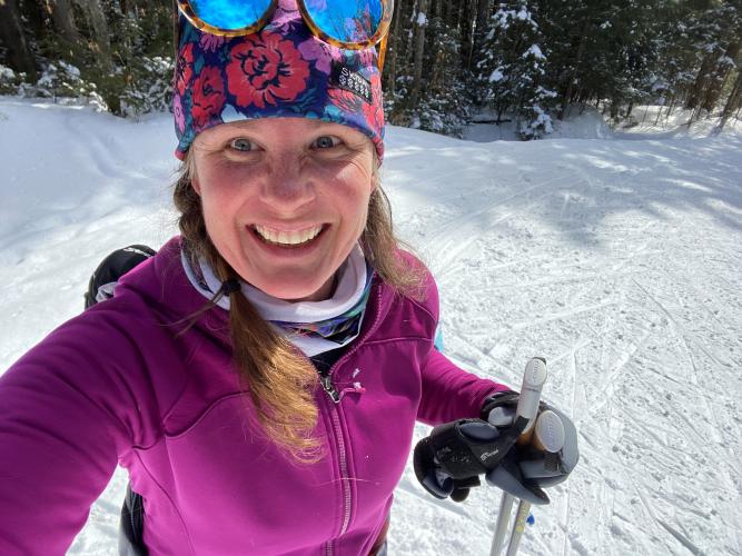 A selfie of Carrie Deegan while skiing.